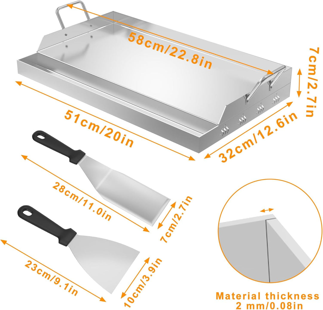 Froadp Edelstahl Grillplatte | 51x32x7cm Universal BBQ Plancha mit Ölrinne | BBQ Plancha für Gas- &
