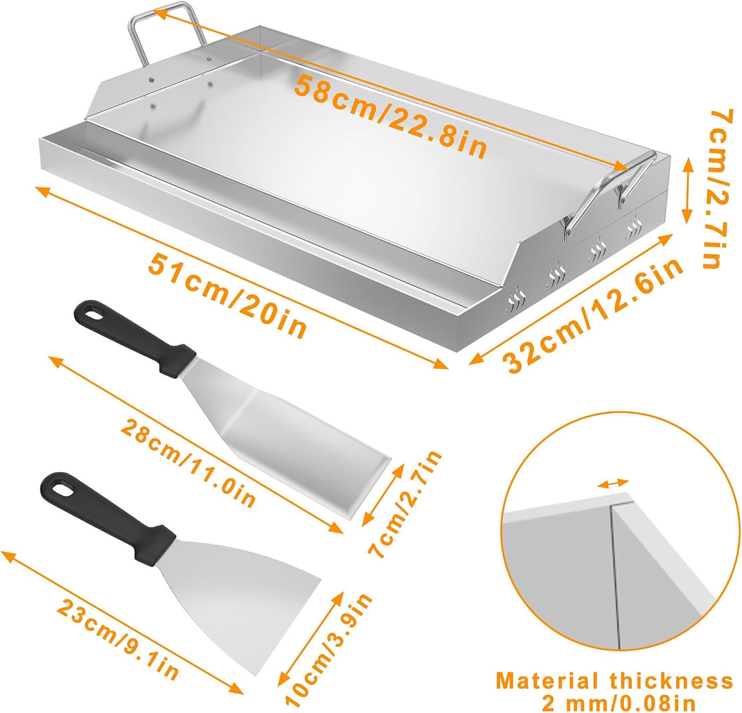XMTECH Edelstahl Grillplatte mit Henkel, 51x32x7 cm, Gleichmässige Wärmeverteilung für Gas- und Kohl