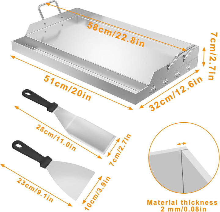 XMTECH Edelstahl Grillplatte mit Henkel, 51x32x7 cm, Gleichmässige Wärmeverteilung für Gas- und Kohl