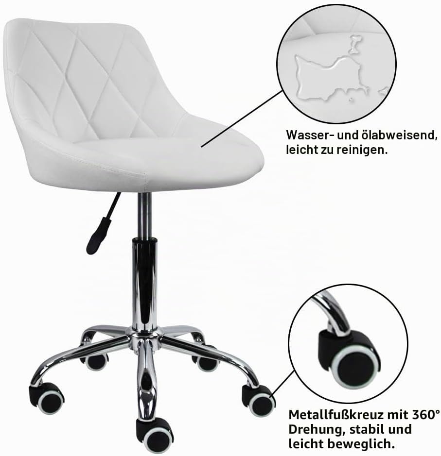KKTONER Drehstuhl Rollhocker Arbeitshocker mit Lehne höhenverstellbar Drehhocker aus PU Leder Weiss,
