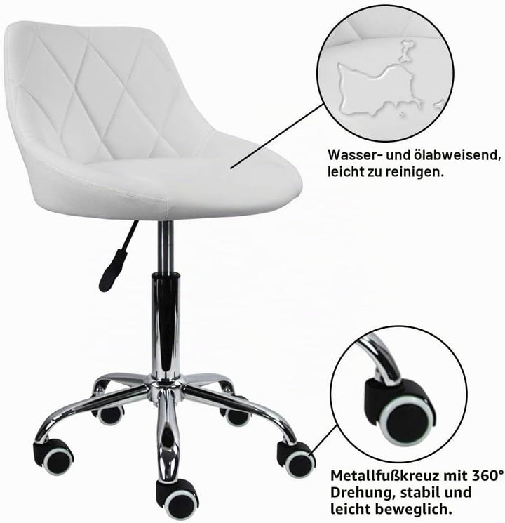 KKTONER Drehstuhl Rollhocker Arbeitshocker mit Lehne höhenverstellbar Drehhocker aus PU Leder Weiss,