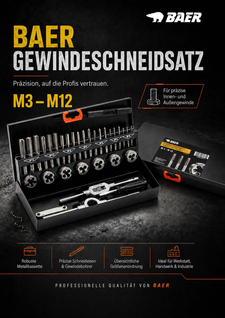 BAER Gewindeschneider Set HSS M3 - M12 - Gewindebohrer - Innengewinde + Aussengewinde - Gewindeschne