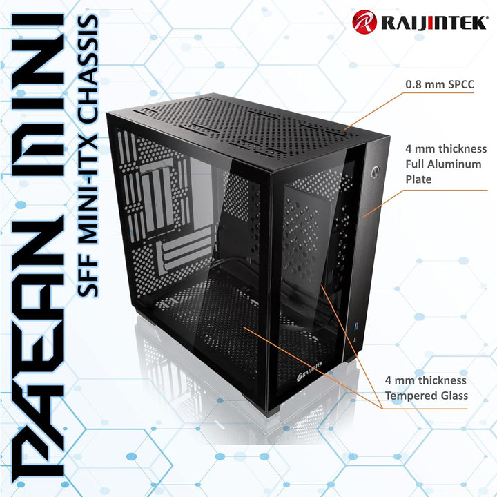 RAIJINTEK Paean Mini, Mini ITX PC-Gehäuse, mit 4 mm Seitenwand aus gehärtetem Glas und Aluminium an