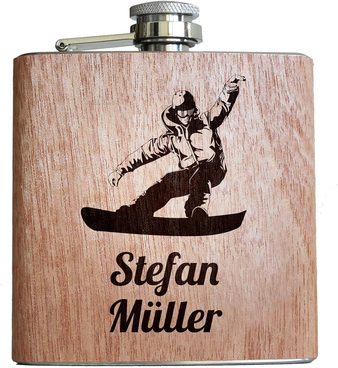 Pixelstudio Snowboard Holz Flachmann mit persönlicher Namens Gravur Snowboarder Männer Geschenk indi