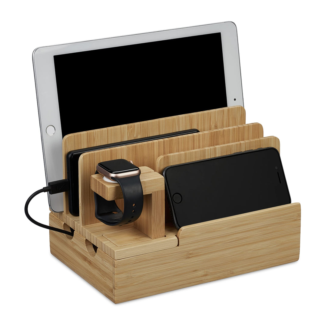 Relaxdays Ladestation, für Apple Watch, Bambus, HxBxT 15 x 21,5 x 15 cm, Handystation, Tablethalter,
