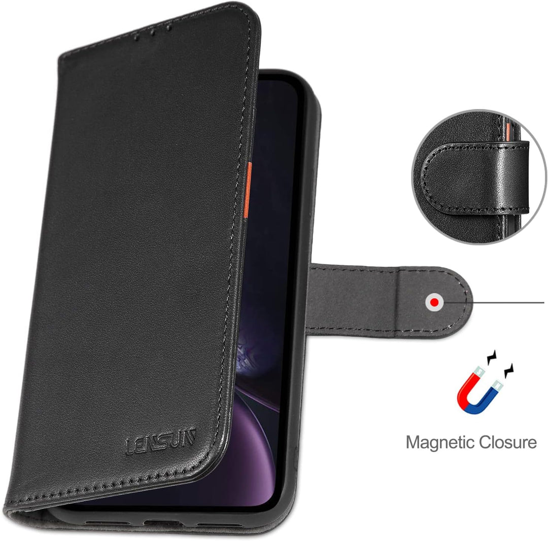 LENSUN Echtleder Hülle für iPhone XR, Handyhülle [Echtes Leder][Magnetverschluss][RFID Schutz] Handy