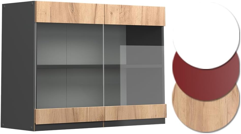 Vicco Küchenschrank Glas R-Line, Goldkraft Eiche/Anthrazit, 80 cm J-Shape Goldkraft Eiche Hängeglass