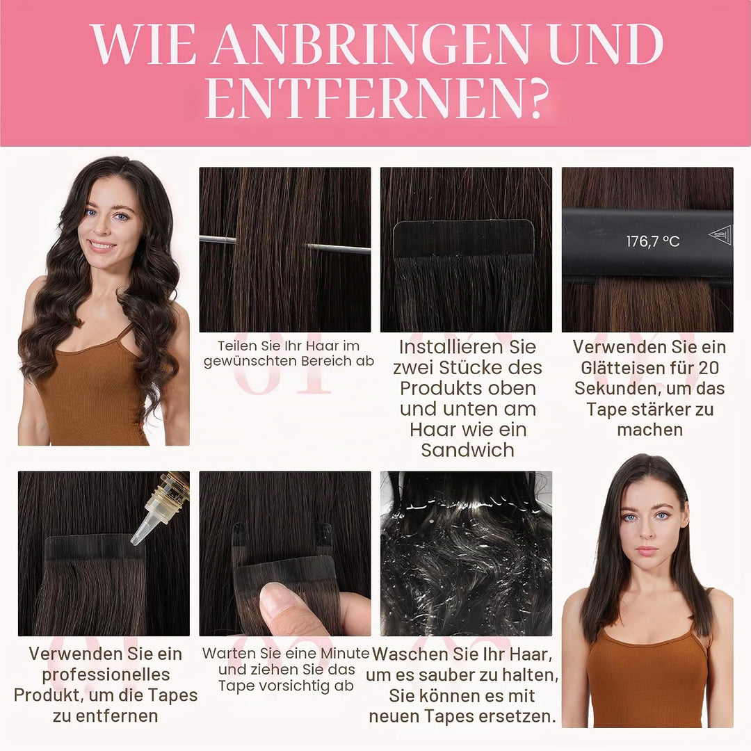 GOO GOO Tape in Extensions Echthaar, Balayage Schokoladenbraun Gemischter Honig Blond 40pcs 100g 35c