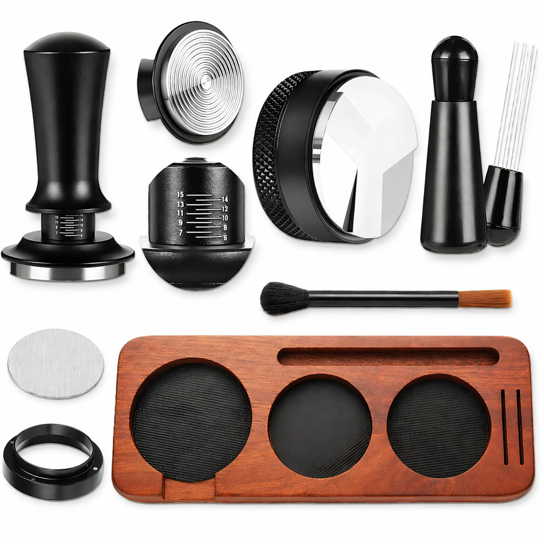 54 mm Espresso Zubehör Set 7-teilig – Barista Zubehör & Tamper Set mit Tamperstation aus Sapeleholz,