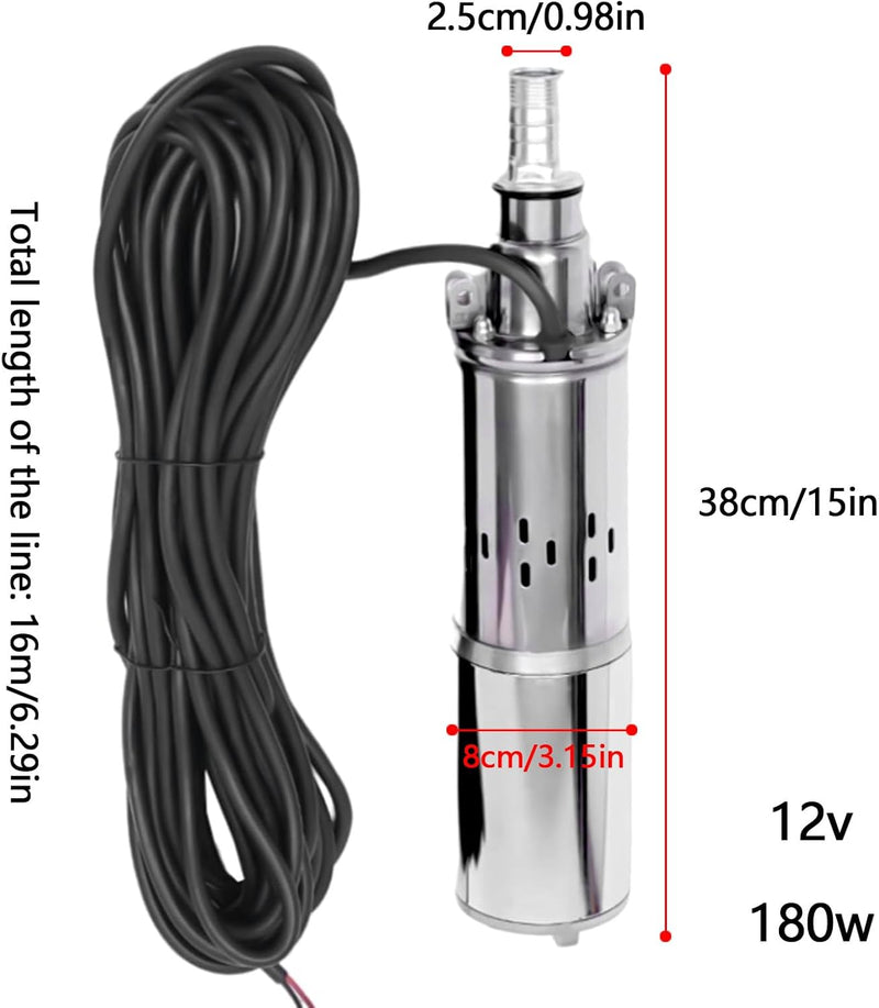 Tiefbrunnenpumpe, Brunnenpumpe,180W/12V/1.2m³/h Edelstahl Wasser Tauchpumpe Wasserpumpe Solarbetrieb