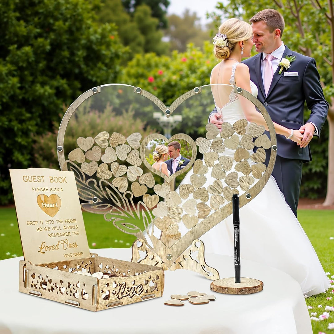 Gästebuch Hochzeit Holz,Gästebuch Hochzeit,Hochzeitsgästebuch mit 100 Holzherzen für Hochzeitsfeiern