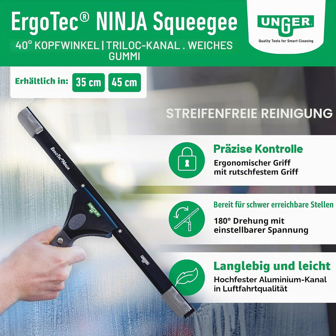 Unger ErgoTec Ninja Fensterwischer 40° (Breite 45 cm, ergonomischer Griff, mit Soft-Gummi, Zwei Gumm