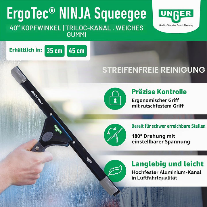 Unger ErgoTec Ninja Fensterwischer 40° (Breite 45 cm, ergonomischer Griff, mit Soft-Gummi, Zwei Gumm