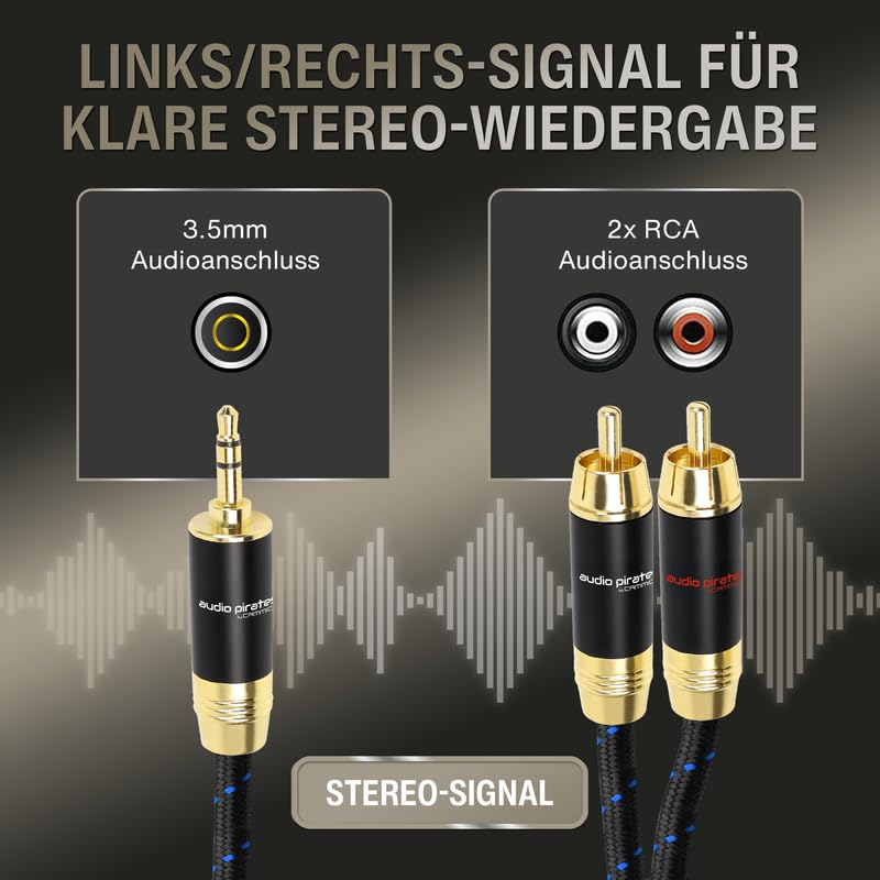 audio pirates by cammica Splitter Kabel 3,5 mm Klinke Stecker auf 2x RCA Clinch Stecker, RCA-Kabel,
