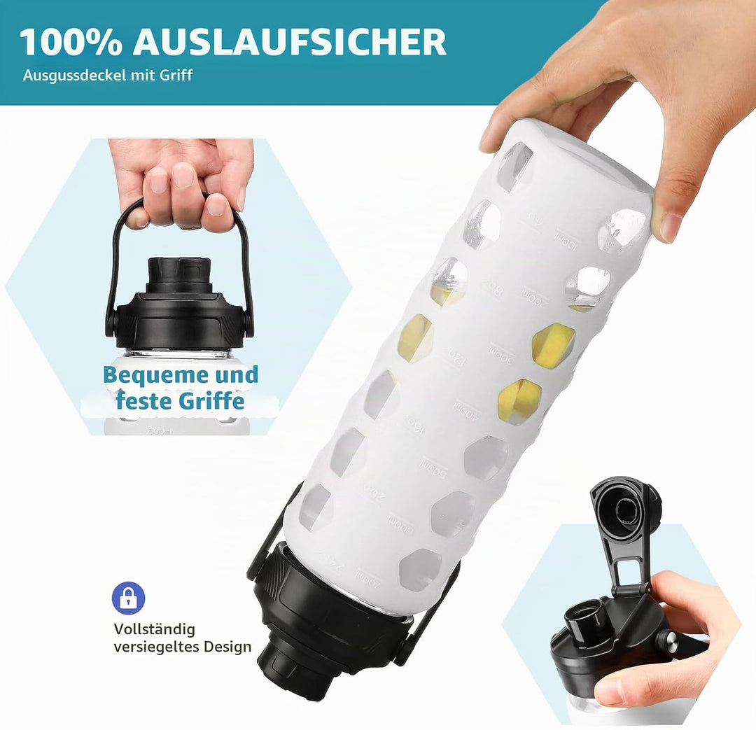 700ML Glaswasserflasche mit 2 Deckel Flip und Bambusstroh Deckel Sport Wasserbecher mit Zeiterinneru
