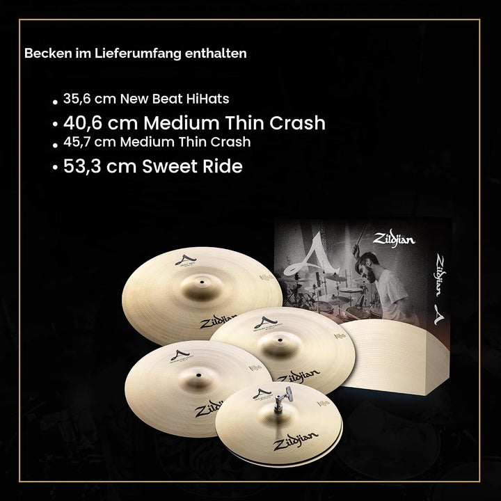 Zildjian A Series Cymbal Set - 14" New Beat Hi-Hat, 16" Medium Thin Crash, 21" Sweet Ride and 18" Me