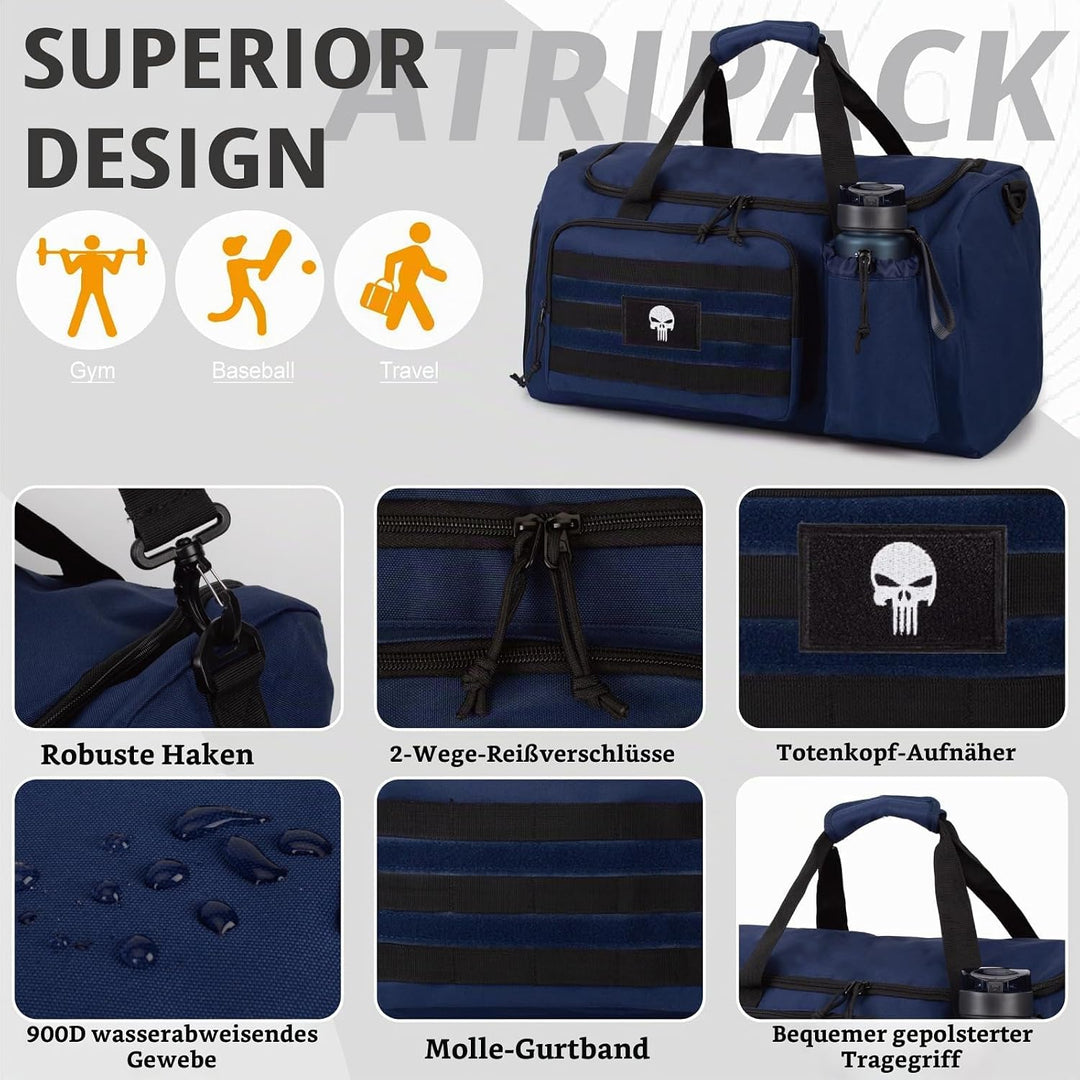 Taktische Sporttasche für Herren, 40L grosse Reisetasche mit Schuhfach, Sporttasche mit Nassfach, Mu