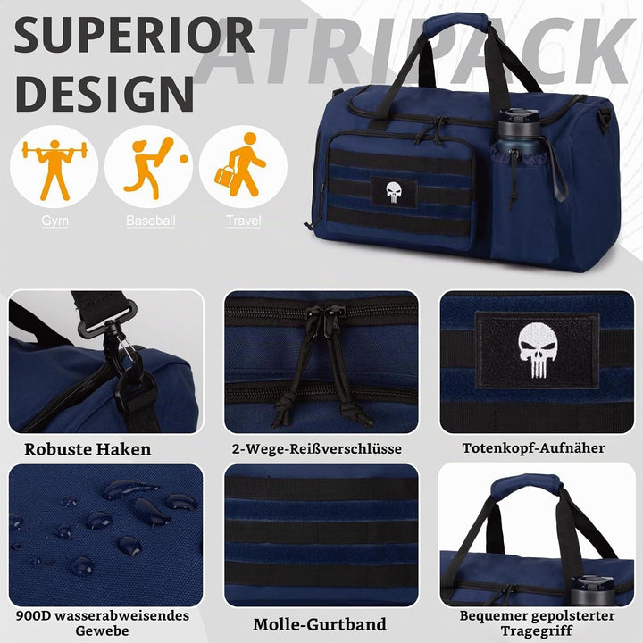 Taktische Sporttasche für Herren, 40L grosse Reisetasche mit Schuhfach, Sporttasche mit Nassfach, Mu