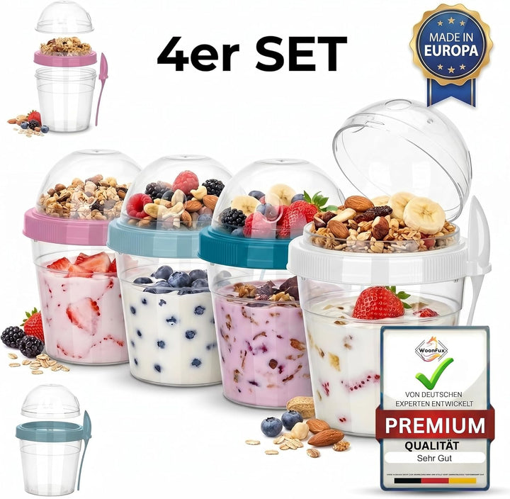 4er Set Müslibecher to go mit Löffel - 500 ML - 2 Kammern Joghurtbecher to go - Praktischer Müsli to