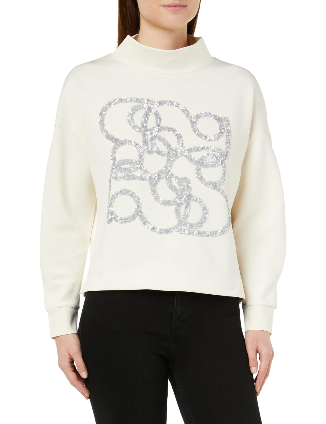s.Oliver BLACK LABEL Damen Sweatshirt mit Pailletten-Artwork, 36 Weiß