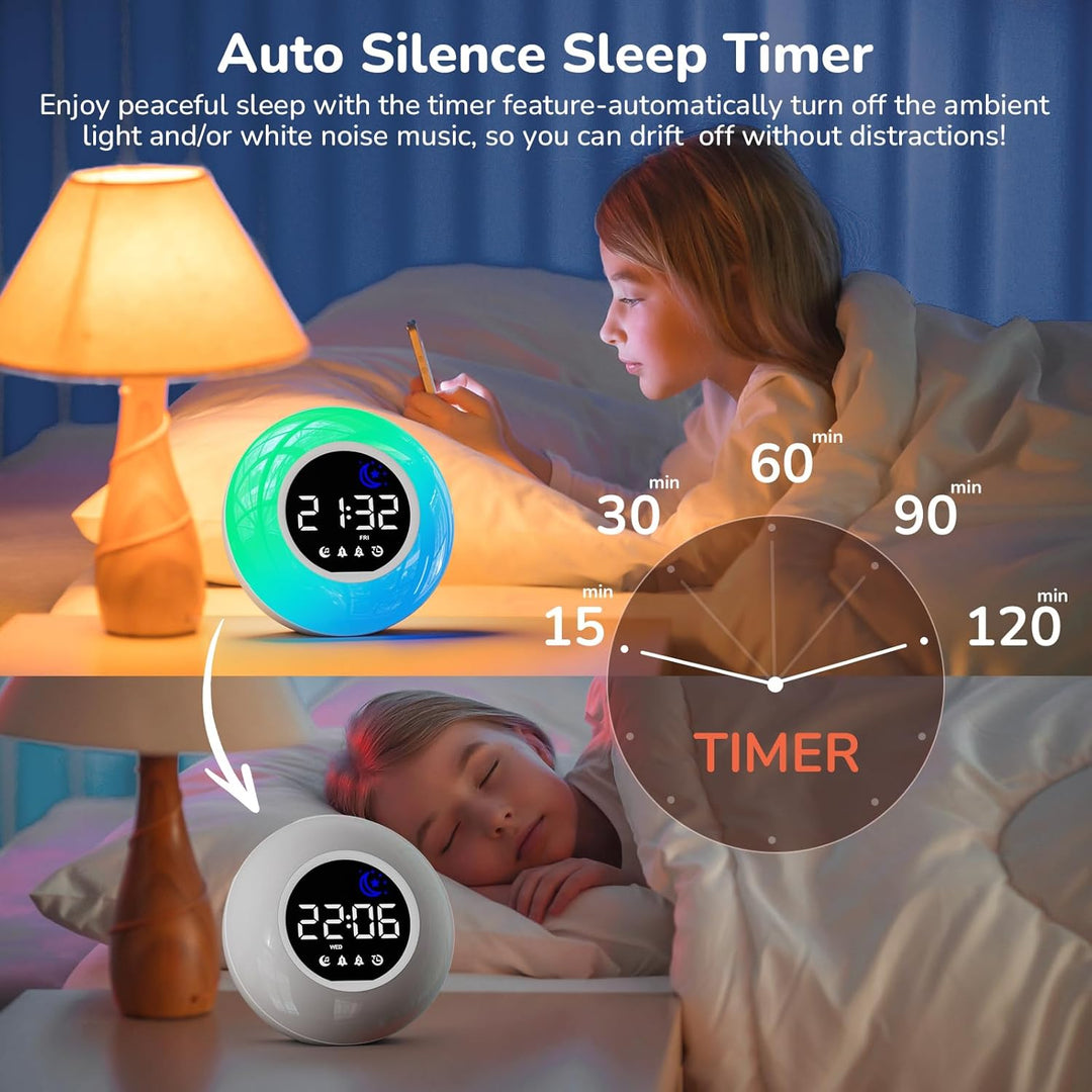 Wecker Digital, Kinderwecker mit Nachtlicht, 12 White Noise, 2 Alarme, Snooze und Timer, Einstellbar