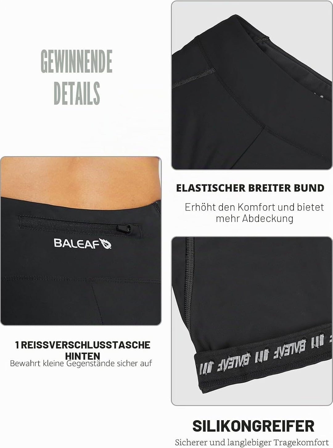 BALEAF Damen 3/4 Radlerhose Kurz Radhose Atmungsaktiv Fahrradhose Gepostert S 1-schwarz, S 1-schwarz
