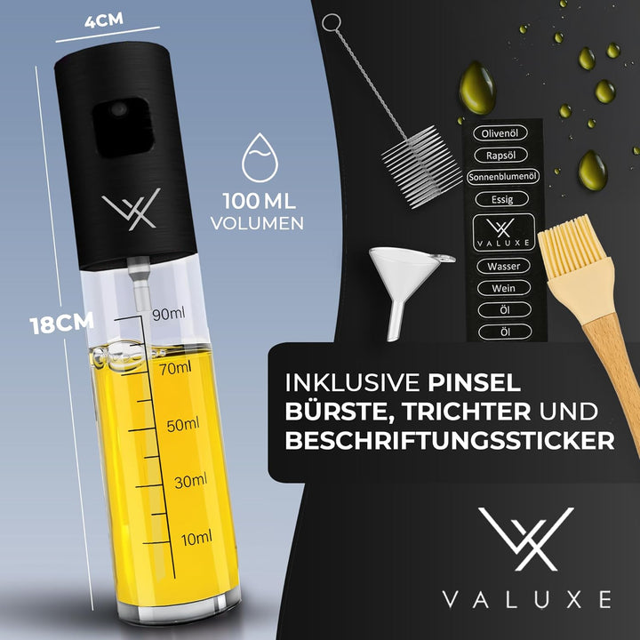 VALUXE® Ölsprüher [BLACK ORIGINAL] - Extrem präzise Öl-Sprühflasche aus Edelstahl und Glas - Multifu