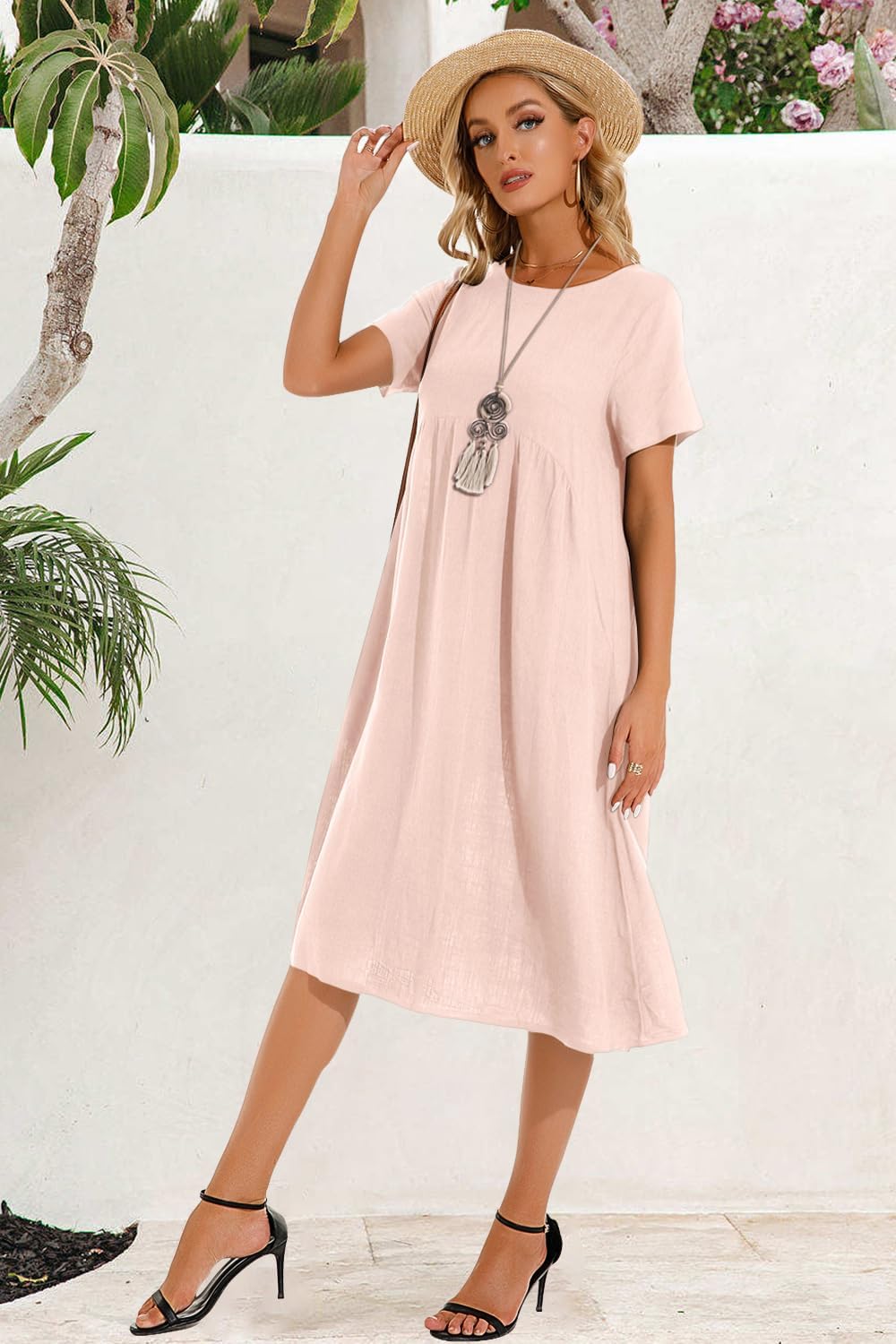 Tincini Sommerkleid Damen Leinen Kleider Casual V-Ausschnitt Midikleid Kurzarm A-Linie Kleid Strandk