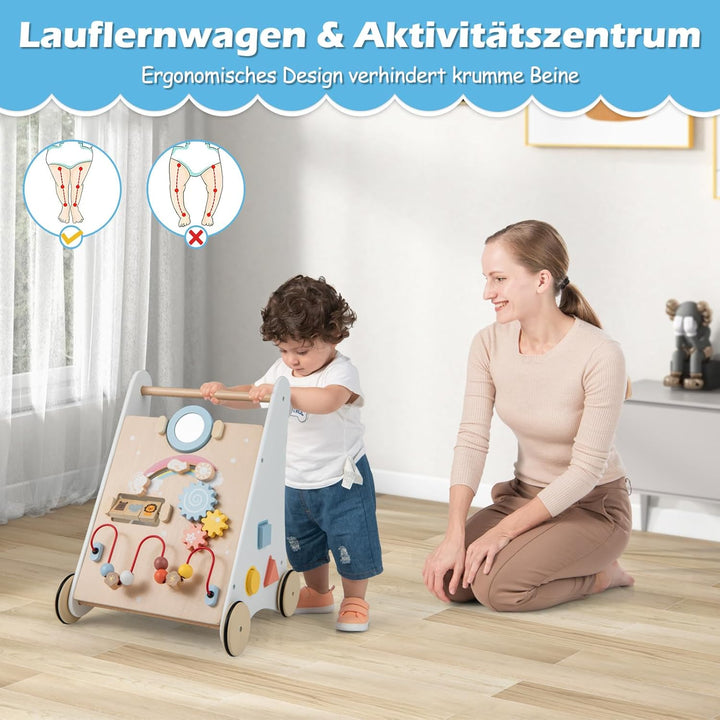 GOPLUS Stabile Lauflernhilfe aus Holz, Multifunktionaler Lauflernwagen mit mehreren Spieleinstellung