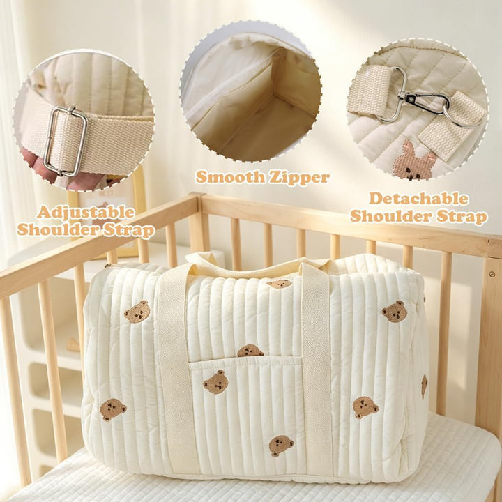 Wickeltasche Kliniktasche Geburt Grosse 2er Set, Mommy Bag aus Baumwolle mit Stickerei & Teddybär-Mu