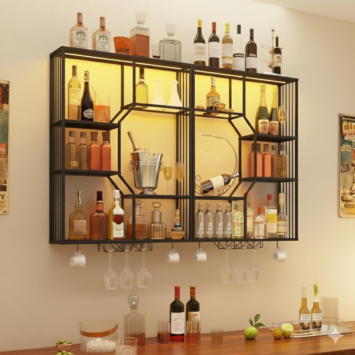 YOURLITE Weinregal Wand mit LED-Beleuchtung Metall,Bar Regal mit Glashalter,Wandmontage Wine Display