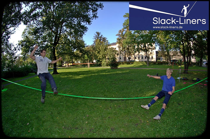 Slack-Liners Slackline Komplett-Set BLAU 6 Teilig - 50mm breit, 25m lang - mit Premium Langhebelrats