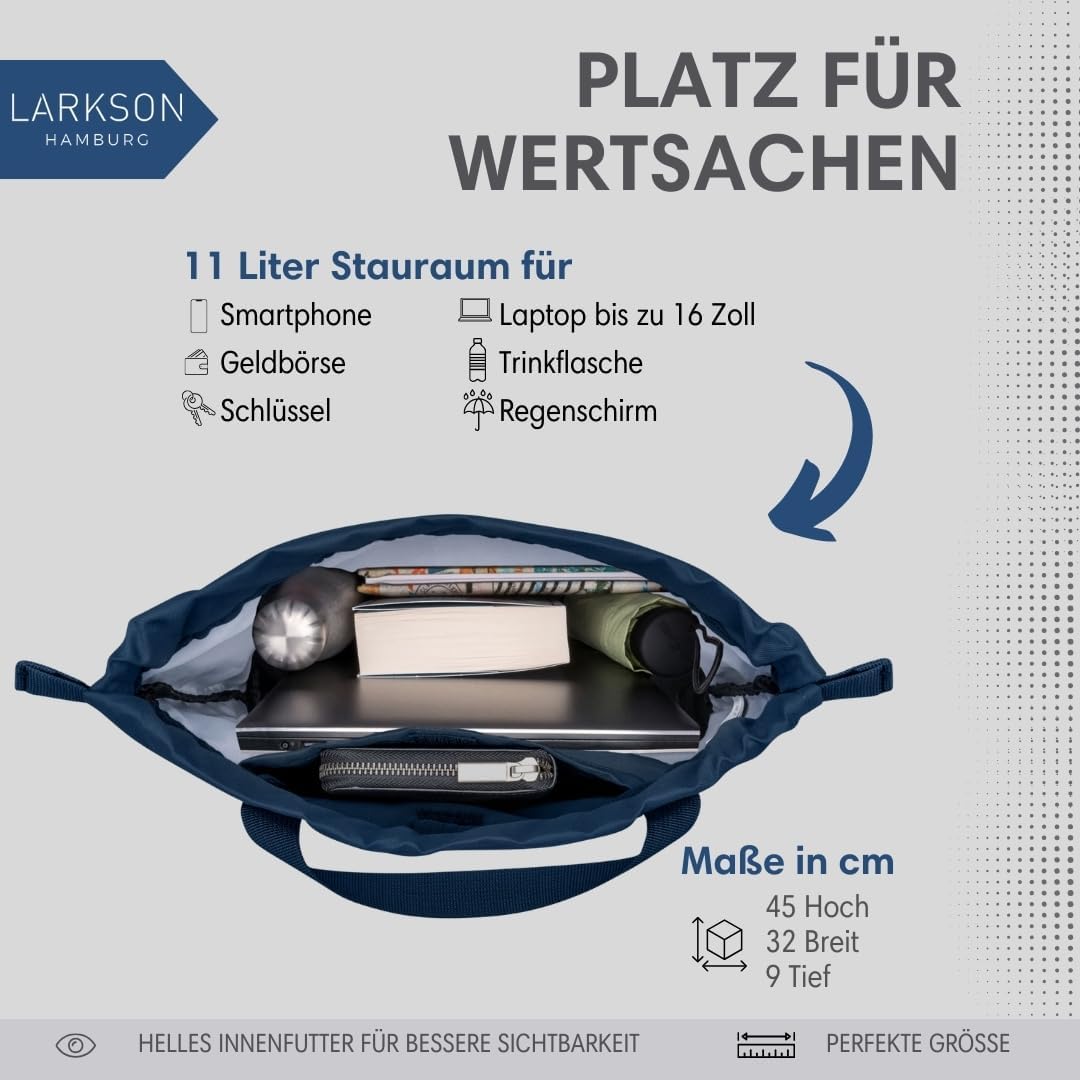 LARKSON Turnbeutel Damen &amp; Herren Dunkelblau - No 7 - Rucksack Damen für Sport und Festival - Beutel