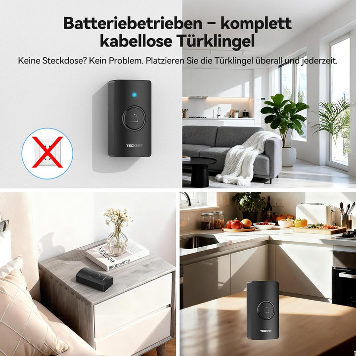 TECKNET Funkklingel, Batteriebetriebene Türklingel mit 4 Empfängern & 2 Sendern, Haustür Klingel Set