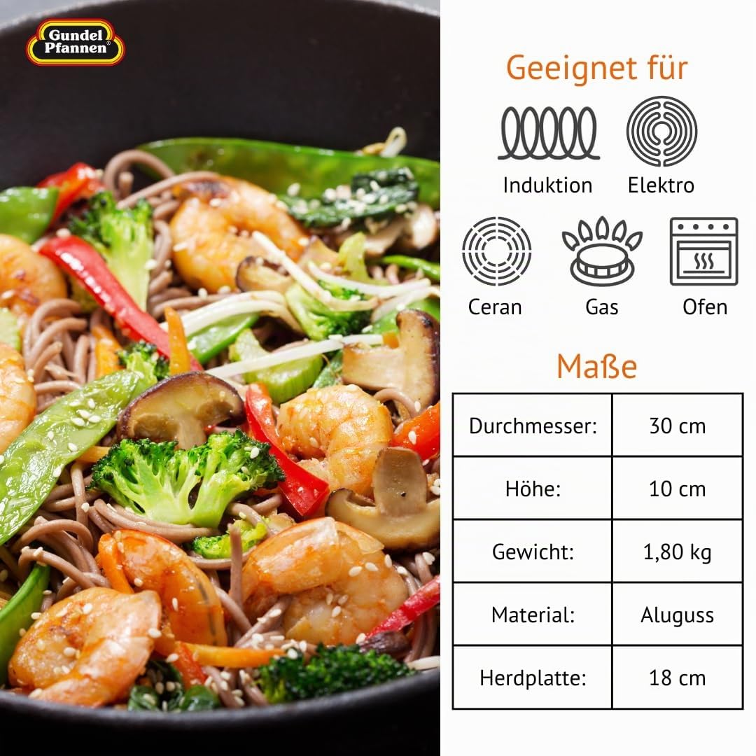 Original Gundel GUSS-WOK INDUKTION, Ø 30 cm, Höhe 10 cm, Rühr-Pfanne PFOA-frei, Akku-Therm Boden – f