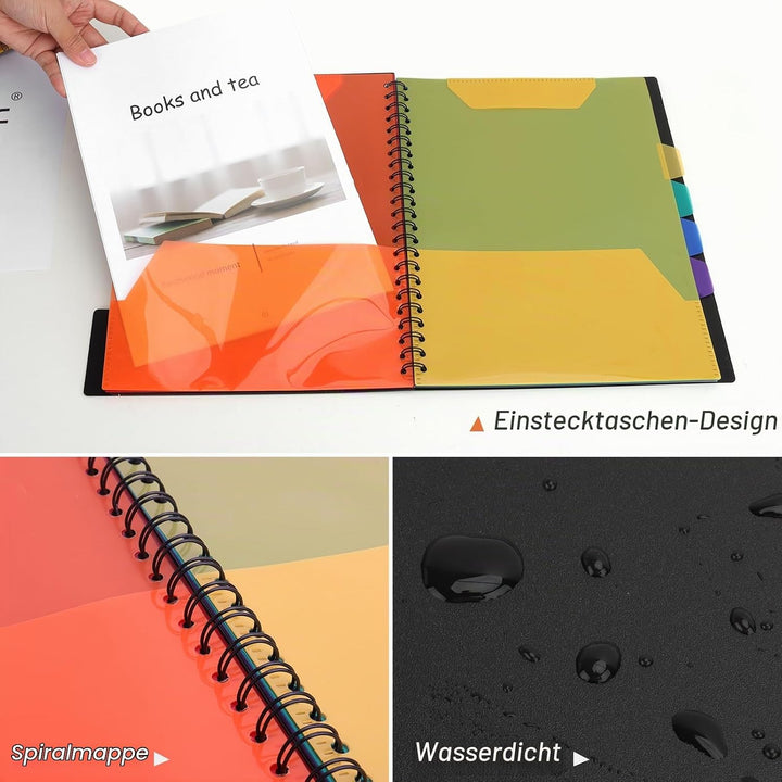 Uquelic 2 Stück Klemmbrett-Ordner aus Kunststoff, A4, Spiral-Folio-Ordner mit 6 doppelseitigen Halbt