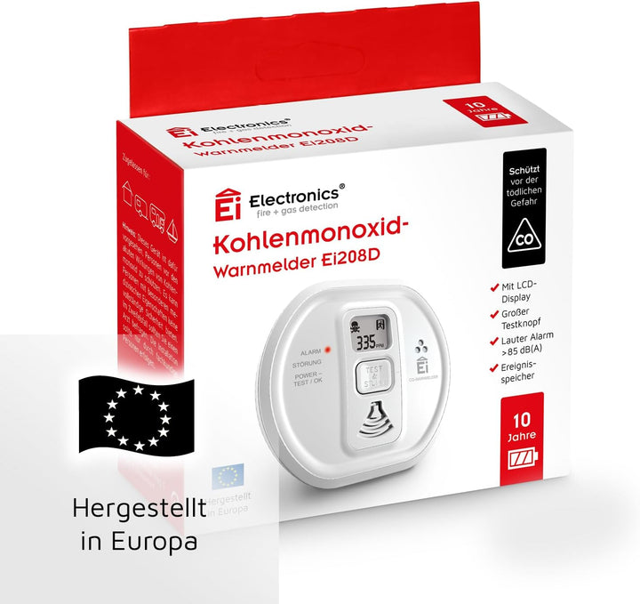 Ei Electronics Ei208D CO Kohlenmonoxidmelder (mit Display und 10-Jahres-Batterie), Weiss,