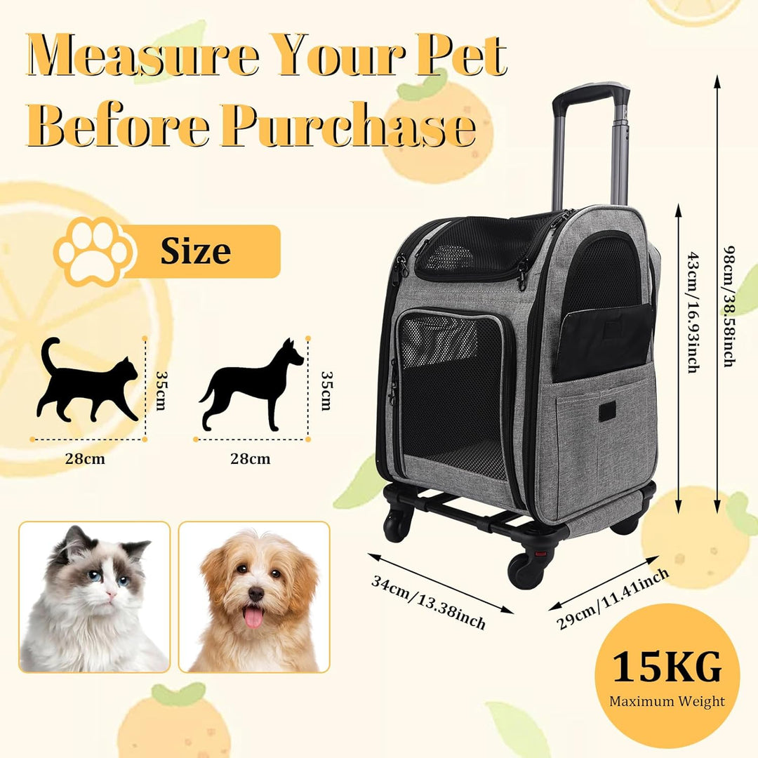 mumisuto Transportbox Katze mit Rädern 360° Drehbar, Transportbox Hund mit Taschen, Hundewagen Troll