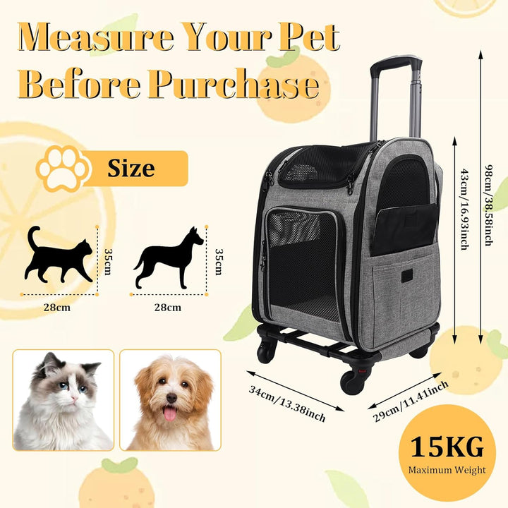 mumisuto Transportbox Katze mit Rädern 360° Drehbar, Transportbox Hund mit Taschen, Hundewagen Troll
