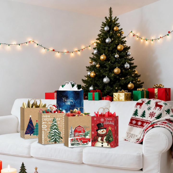 DECHISY 24 Stück Geschenktüten Weihnachten Klein, Papiertüten Weihnachten mit Griffen, Weihnachtsges