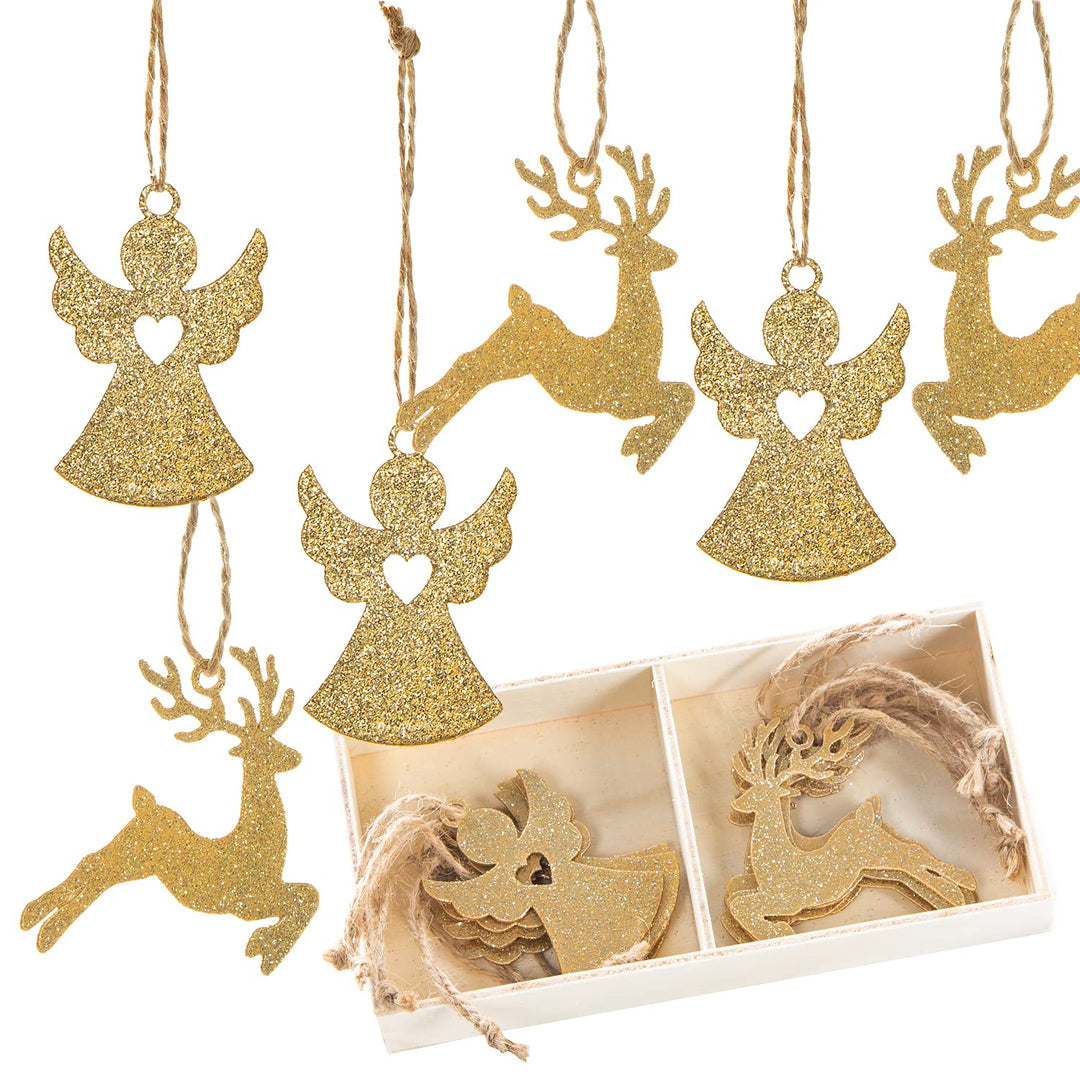 Logbuch-Verlag 24 goldene Weihnachtsanhänger Engel Hirsch Anhänger Weihnachten 5 cm Glitzer Baumschm
