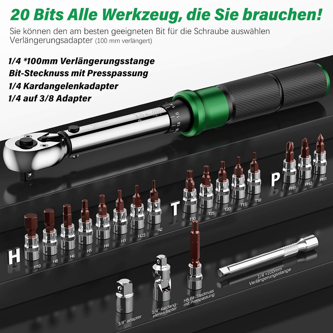SS SHOVAN 21TLG Drehmomentschlüssel Fahrrad, 1/4 Zoll 2-24 Nm Steckschlüsselsatz, 72 Zähne Umschaltk