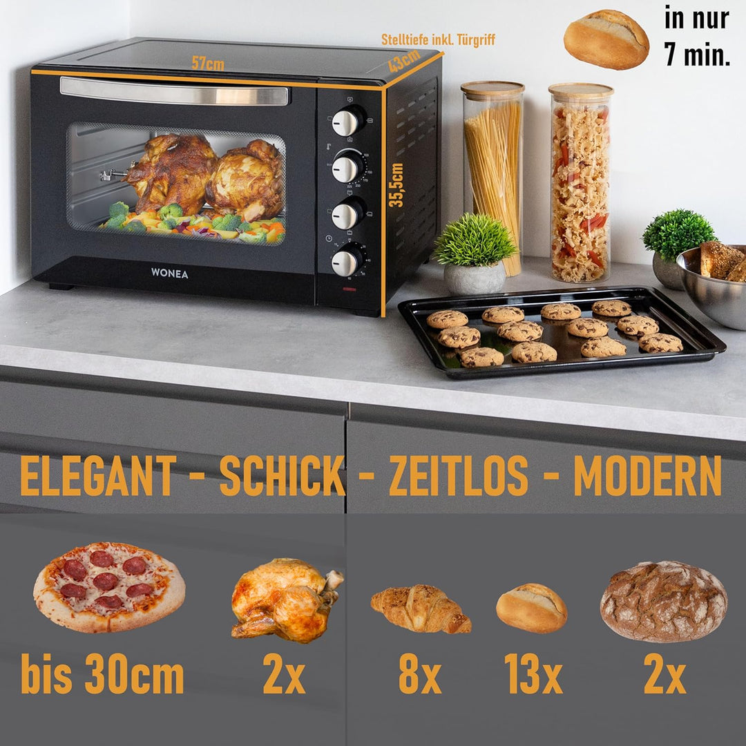 Minibackofen 45 Liter mit Glasfront und 2.000 Watt | Mini Backofen mit Umluft, Drehspiess und Krümel