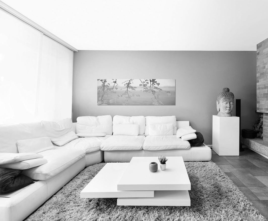Paul Sinus Art Leinwandfoto als Panorama SCHWARZ/Weiss 150x50cm Blätter Äste Herbst