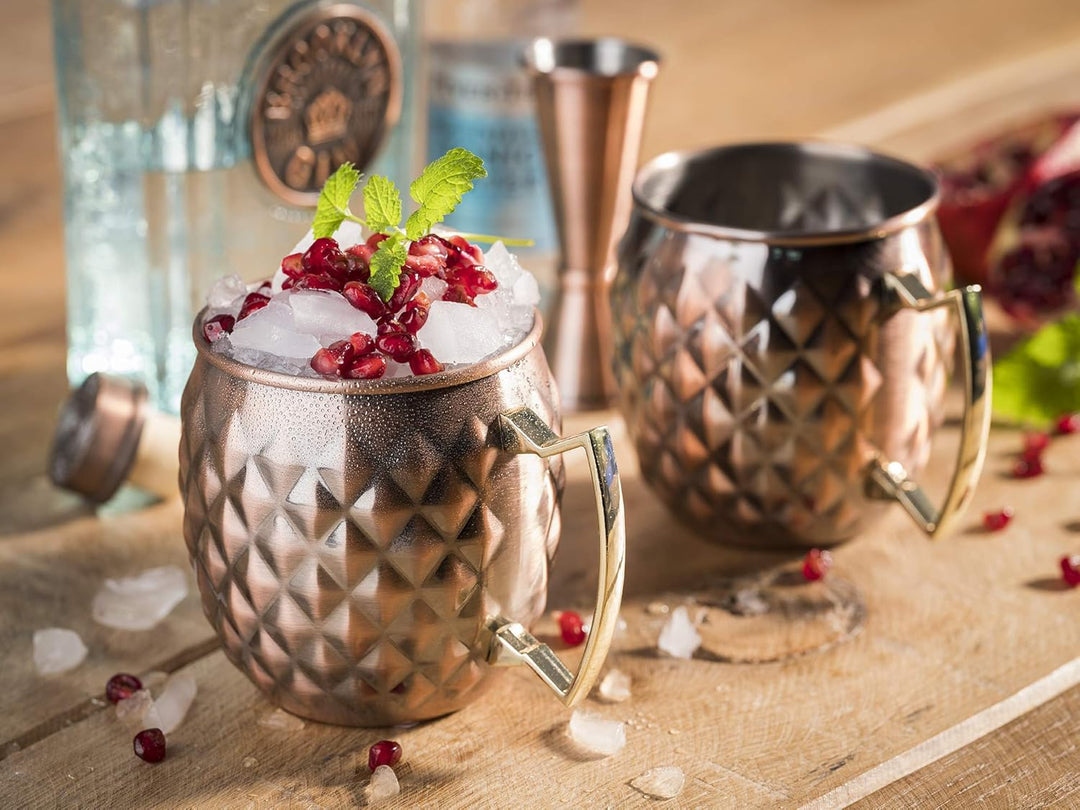 2 Moscow Mule Becher, 500 ml, hochwertige Edelstahl-Becher mit Ananas Struktur, lebensmittelecht, Pi