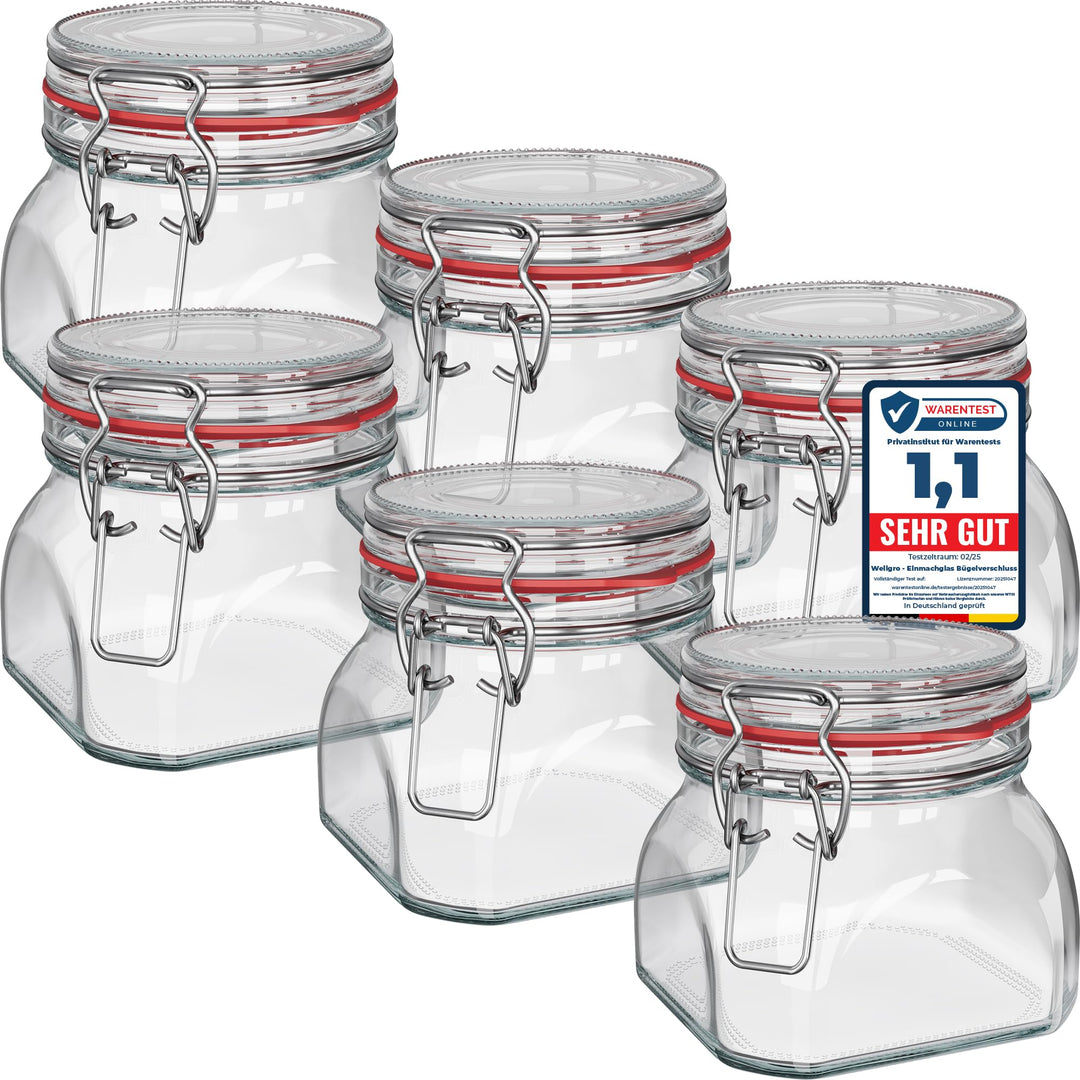 WELLGRO Einmachgläser mit Bügelverschluss eckig, Fermentierglas, Vorratsgläser mit Deckel, Bügelglas