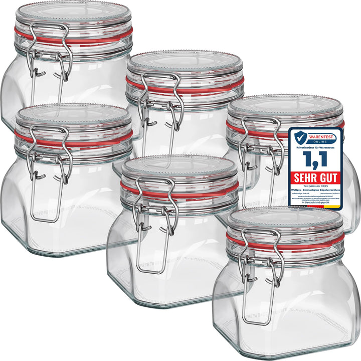 WELLGRO Einmachgläser mit Bügelverschluss eckig, Fermentierglas, Vorratsgläser mit Deckel, Bügelglas