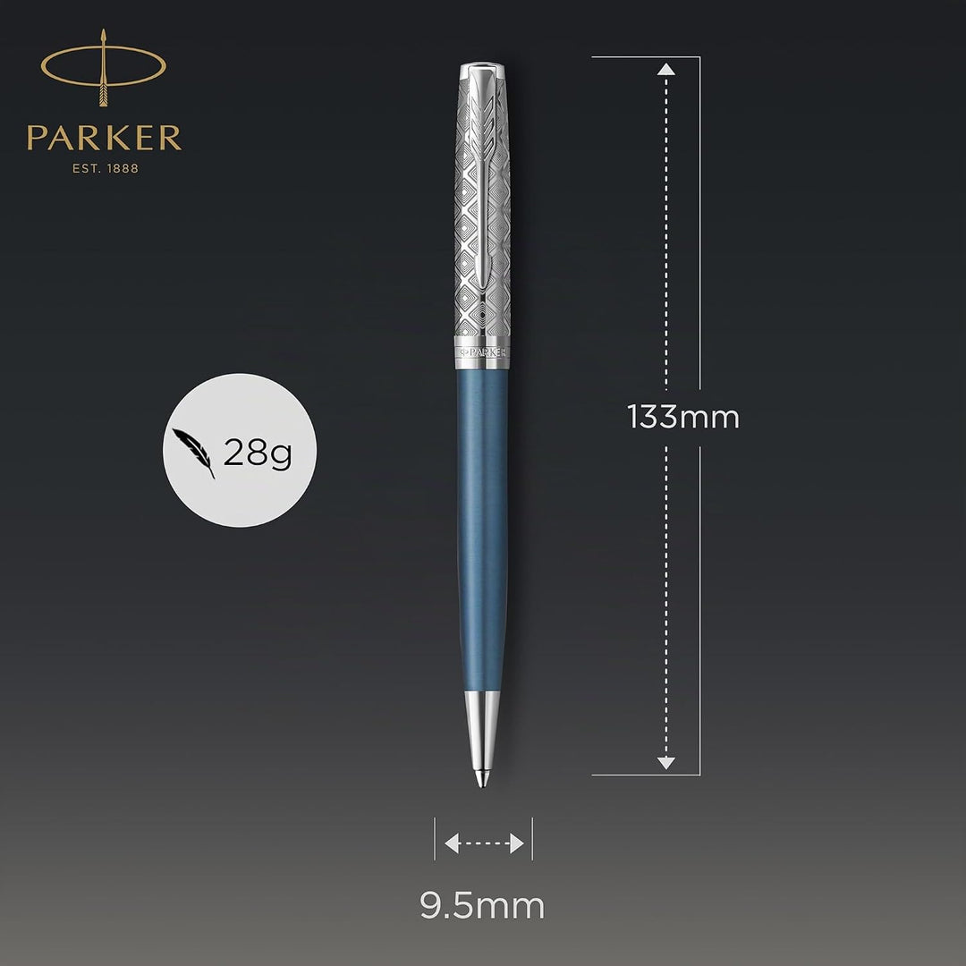 Parker Sonnet Kugelschreiber , Premium Metal & Blue Satinierung mit Chromverkleidung , Medium Spitze
