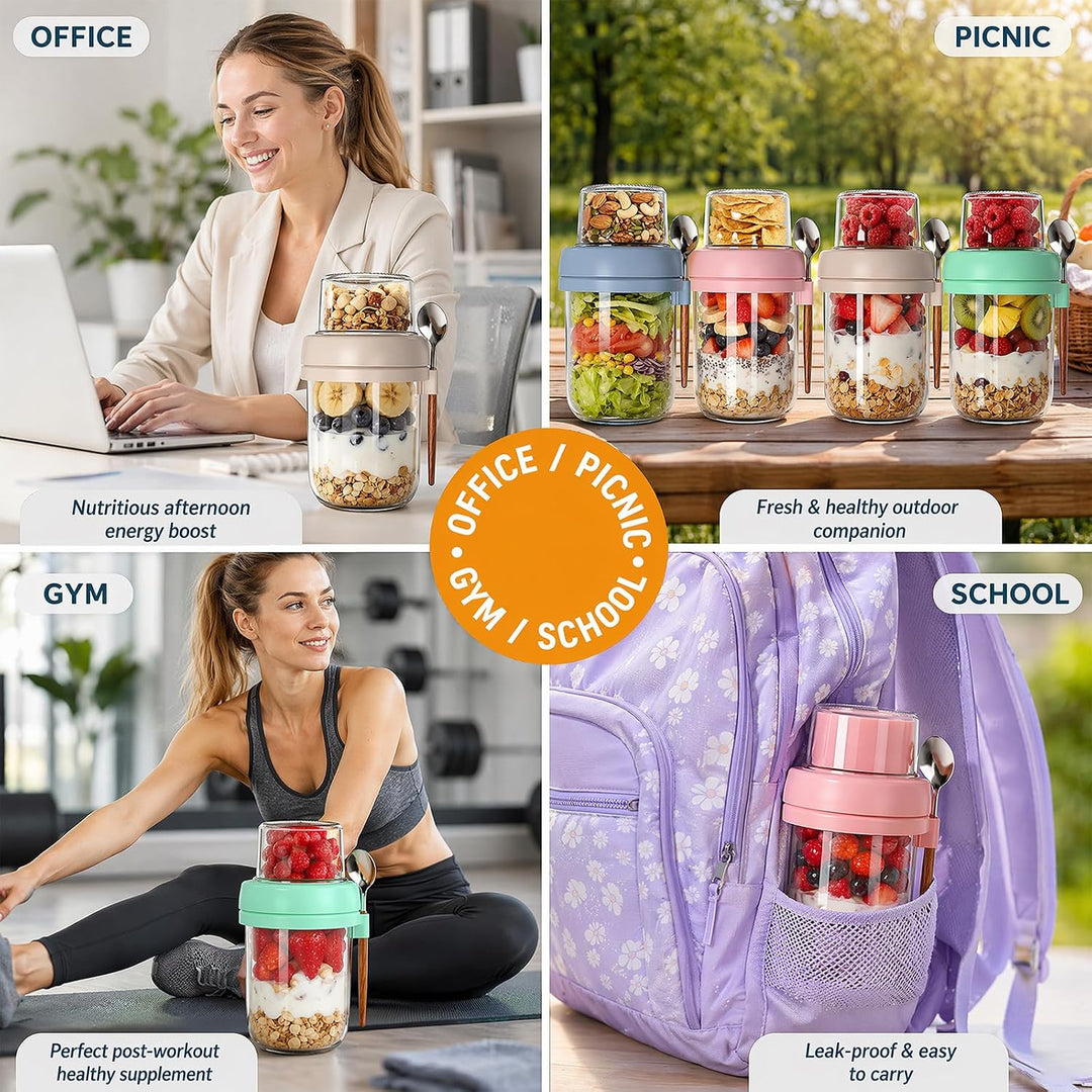 4er Müslibecher To Go mit Löffel, Overnight Oats Gläser, Joghurtbecher mit Doppelschicht-Design, Tro