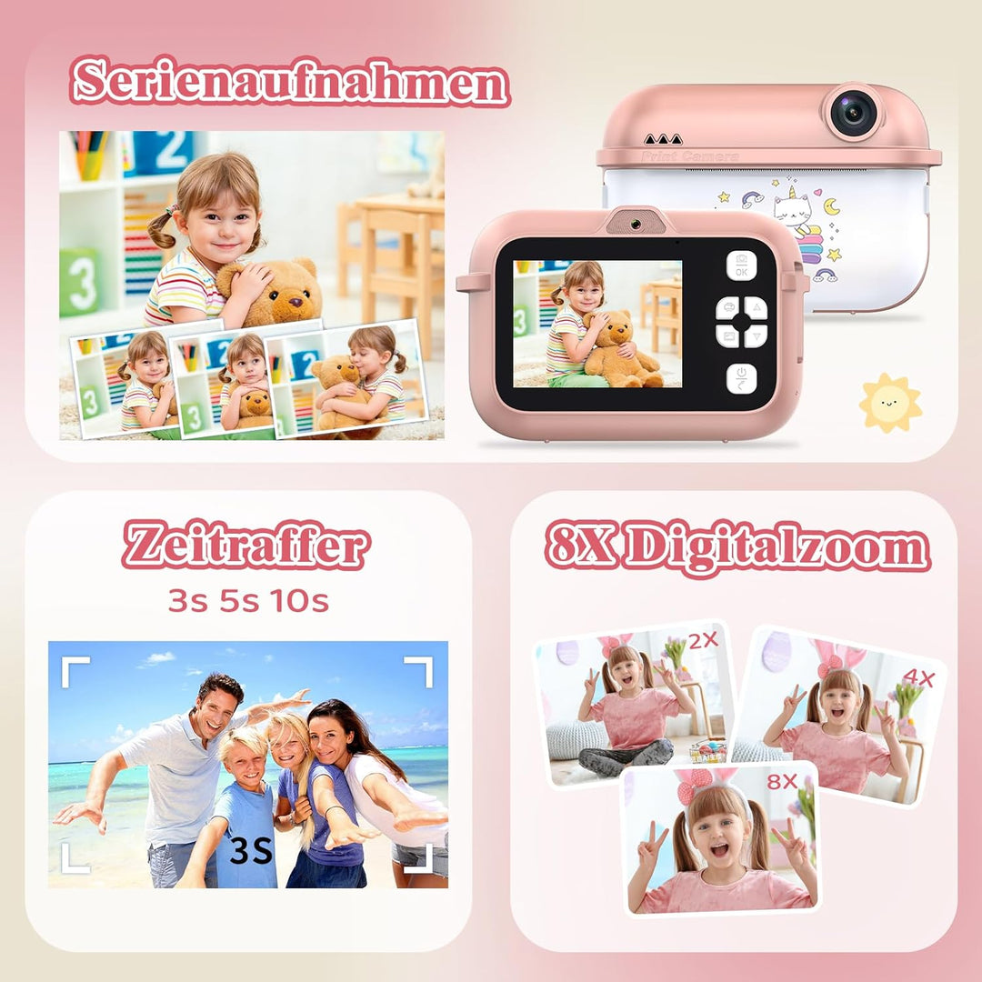 Kinderkamera Sofortbildkamera, 48MP Digitalkamera Kinder mit Dual-Kamera, mit Druckpapier & 32G TF K